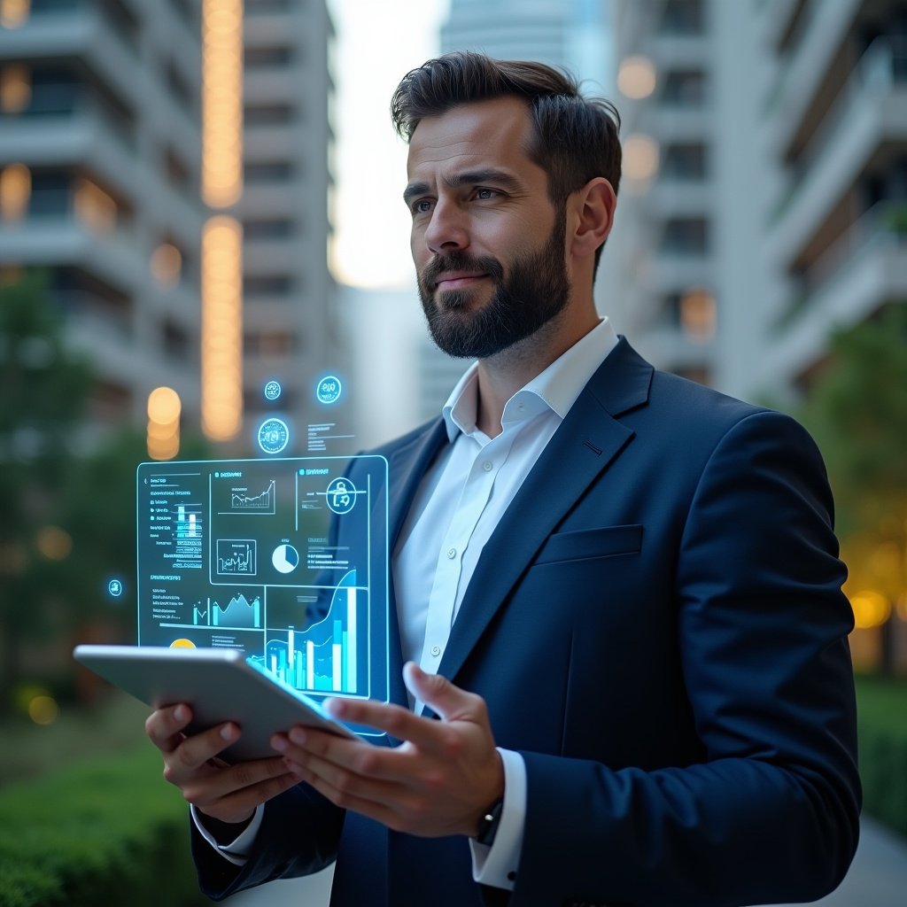 (Ultra-realistic condominium manager in a navy blue suit, set in a modern luxury condominium environment with high-rise buildings and manicured green landscaping, holding a digital tablet displaying holographic pie charts and financial graphs, confidently presenting transparent accounting data to unseen residents, glowing data icons floating around, cinematic lighting, shallow depth of field, highly detailed textures, realistic skin, photographic realism, 8k resolution --ar 1:1 --v 6)