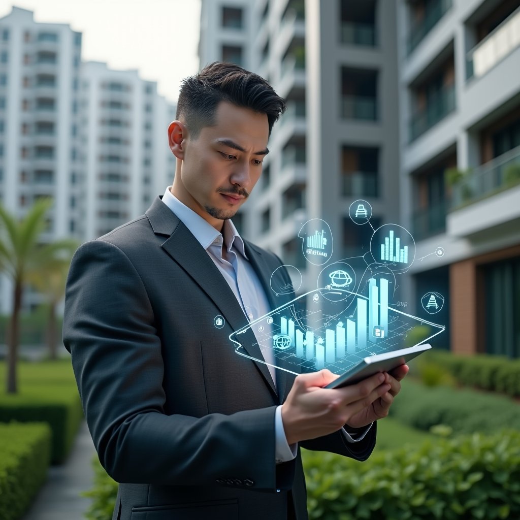 (Ultra-realistic condominium manager in a charcoal gray executive suit, set in a modern luxury condominium environment with high-rise buildings and lush green landscaping, examining a floating holographic financial report on a transparent tablet, digital icons of charts and graphs orbiting around, confident expression, cinematic lighting, shallow depth of field, highly detailed textures, realistic skin, photographic realism, 8k resolution --ar 1:1 --v 6)