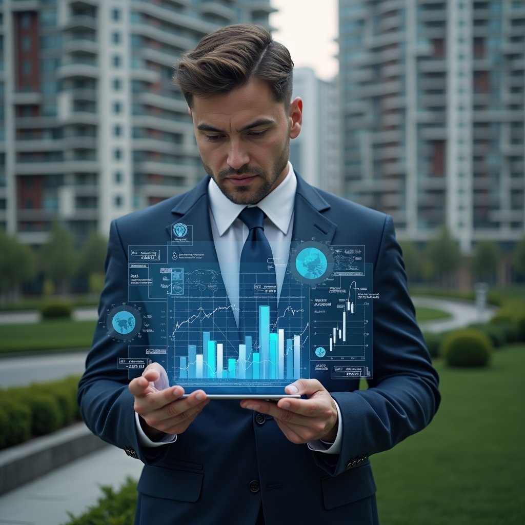 (Ultra-realistic condominium manager in a tailored navy suit, set in a modern luxury condominium environment with high-rise buildings and manicured greenery, analyzing holographic financial reports with interactive charts and glowing graphs, confident and focused expression, cinematic lighting, shallow depth of field, highly detailed textures, realistic skin, photographic realism, 8k resolution --ar 1:1 --v 6)
