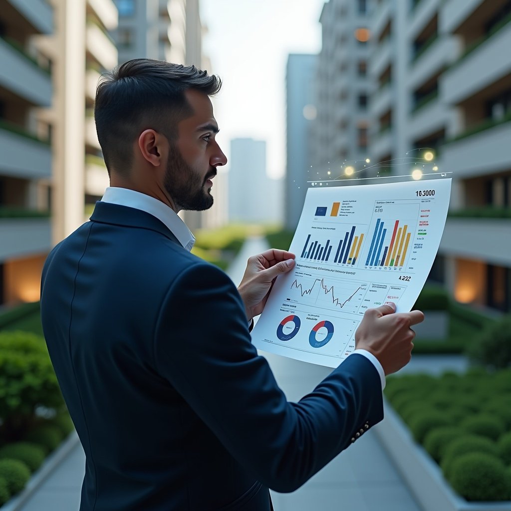 (Ultra-realistic condominium manager in a navy executive suit, set in a modern luxury condominium environment with high-rise buildings and lush green landscaping, mid shot, confidently examining a holographic financial report with clear pie charts and bar graphs floating around, pointing at highlighted figures, cinematic lighting, shallow depth of field, highly detailed textures, realistic skin, photographic realism, 8k resolution --ar 1:1 --v 6)