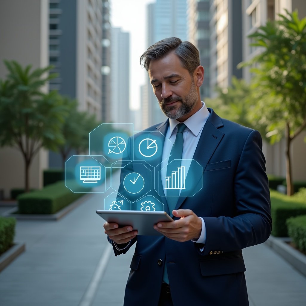 Ultra-realistic condominium manager in a navy executive suit, set in a modern luxury condominium environment with high-rise buildings and lush green landscaping, holding a tablet displaying holographic pie charts and chat bubbles, confidently interacting with virtual icons representing streamlined workflows and automated billing, cinematic lighting, shallow depth of field, highly detailed textures, realistic skin, photographic realism, 8k resolution --ar 1:1 --v 6