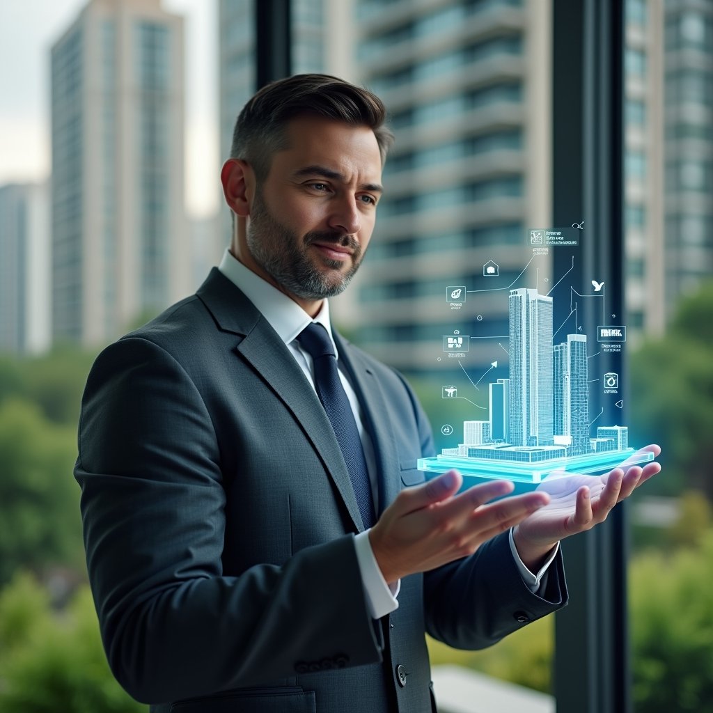 Ultra-realistic condominium manager in a charcoal gray executive suit, set in a modern luxury condominium environment with high-rise buildings and lush green landscaping, confidently interacting with a floating holographic interface displaying automated task icons and financial charts, subtle holographic condo building model beside them, cinematic lighting, shallow depth of field, highly detailed textures, realistic skin, photographic realism, 8k resolution --ar 1:1 --v 6