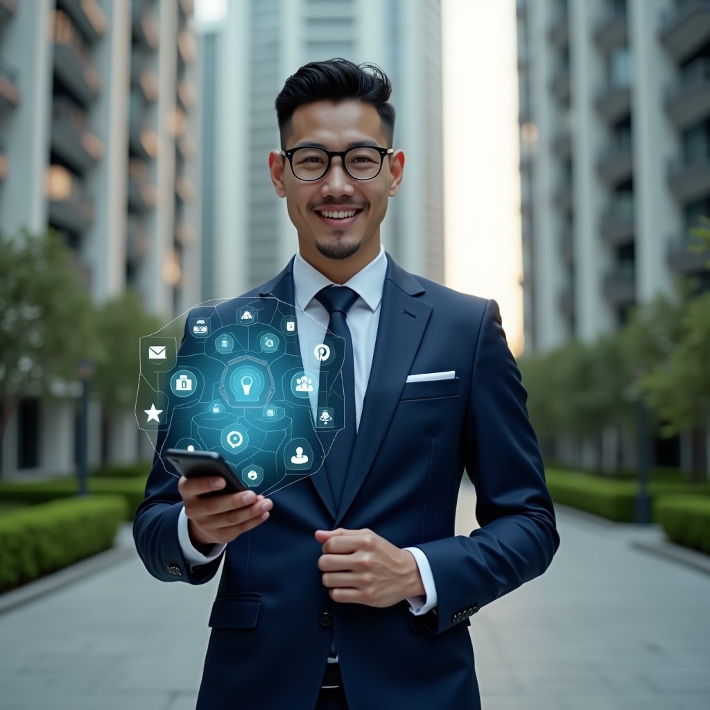 (Ultra-realistic condominium manager in a navy blue suit, set in a modern luxury condominium environment with high-rise buildings and manicured green landscaping, medium shot of a confident professional holding a smartphone in one hand displaying a holographic condominium management app interface with floating icons for billing, reservations, and internal communications, cinematic lighting, shallow depth of field, highly detailed textures, realistic skin, photographic realism, 8k resolution --ar 1:1 --v 6)
