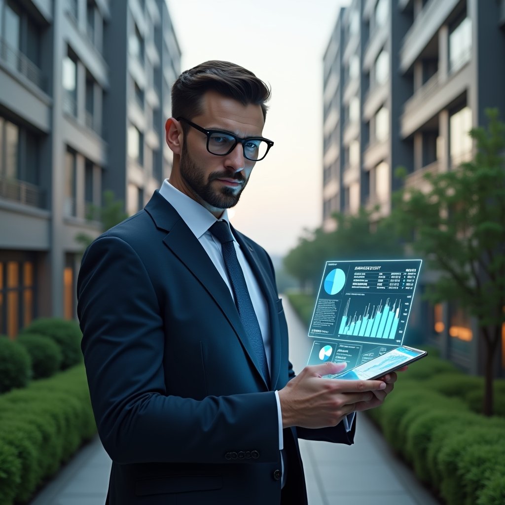 Ultra-realistic condominium manager in a navy executive suit, set in a modern luxury condominium environment with high-rise buildings and manicured green landscaping, holding a tablet displaying holographic financial charts and pie graphs, analyzing data with a confident, focused expression, cinematic lighting, shallow depth of field, highly detailed textures, realistic skin, photographic realism, 8k resolution --ar 1:1 --v 6