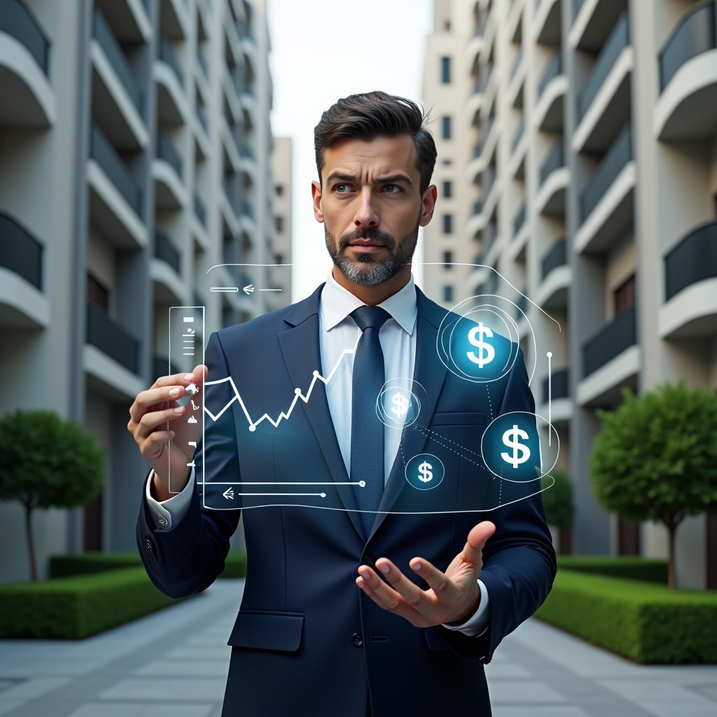 (Ultra-realistic professional property manager in a tailored navy suit, set in a modern luxury condominium environment with high-rise buildings and manicured green landscaping, examining a floating holographic cost-reduction chart and digital savings icons with a confident, analytical expression, cinematic lighting, shallow depth of field, highly detailed textures, realistic skin, photographic realism, 8k resolution --ar 1:1 --v 6)