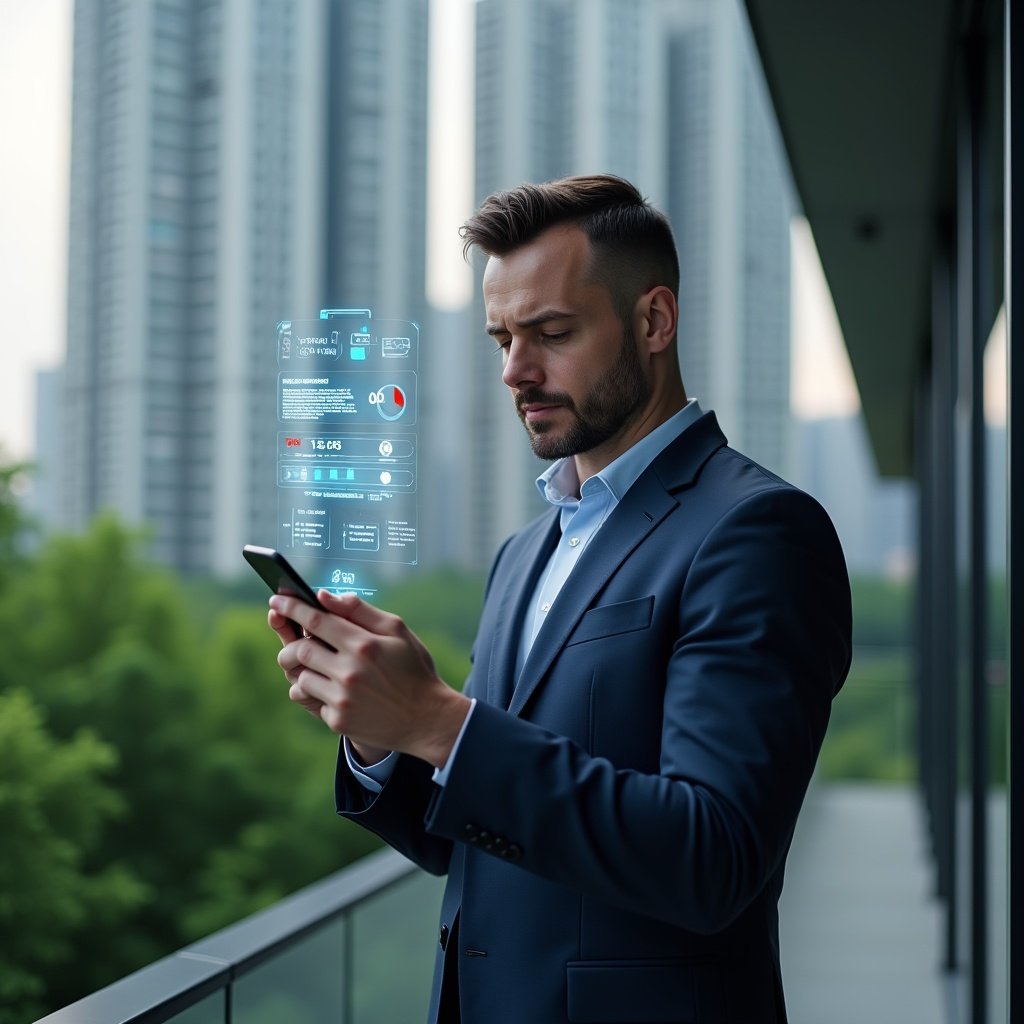 (Ultra-realistic condominium manager in a navy blue tailored suit, set in a modern luxury condominium environment with high-rise buildings and lush green landscaping, holding a smartphone with holographic error icons and app interface floating above his hand, looking thoughtfully and slightly concerned as he analyzes the digital dashboard, cinematic lighting, shallow depth of field, highly detailed textures, realistic skin, photographic realism, 8k resolution --ar 1:1 --v 6)