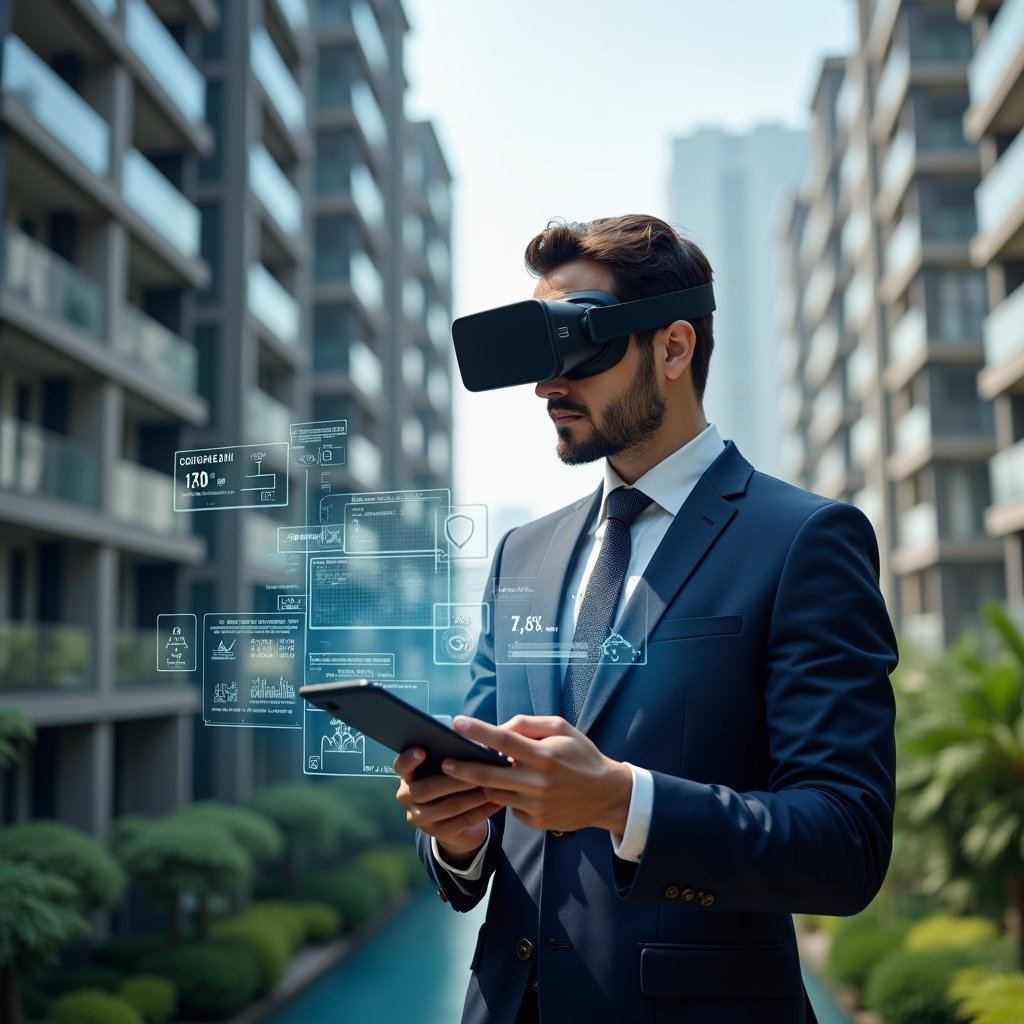 Ultra-realistic condominium manager in a navy executive suit, set in a modern luxury condominium environment with high-rise buildings and manicured gardens, examining a holographic dashboard of approvals, security locks, and financial charts with a confident, focused expression, cinematic lighting, shallow depth of field, highly detailed textures, realistic skin, photographic realism, 8k resolution --ar 1:1 --v 6