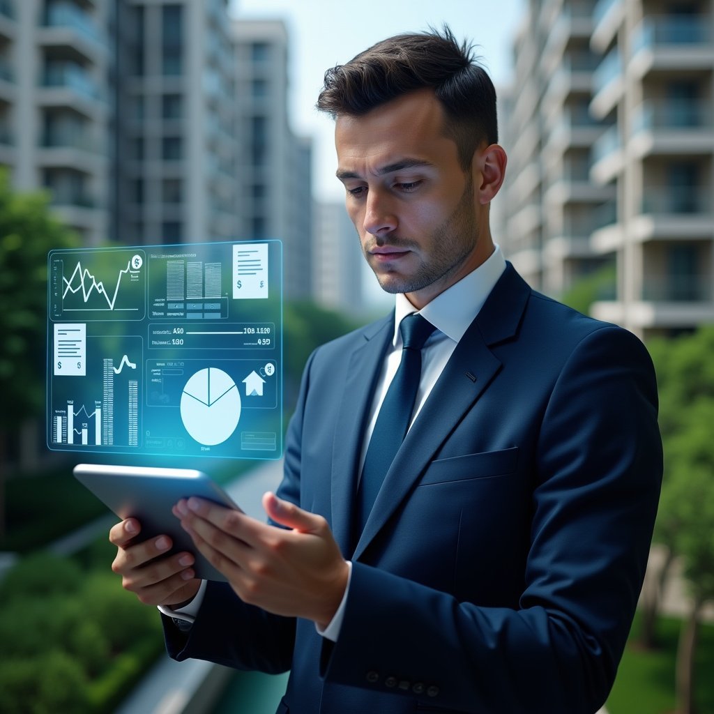 (Ultra-realistic condominium manager in a dark blue suit, set in a modern luxury condominium environment with high-rise buildings and lush green landscaping, reviewing holographic financial charts on a tablet with a serious and confident expression, floating icons of receipts, pie charts and currency symbols, cinematic lighting, shallow depth of field, highly detailed textures, realistic skin, photographic realism, 8k resolution --ar 1:1 --v 6)