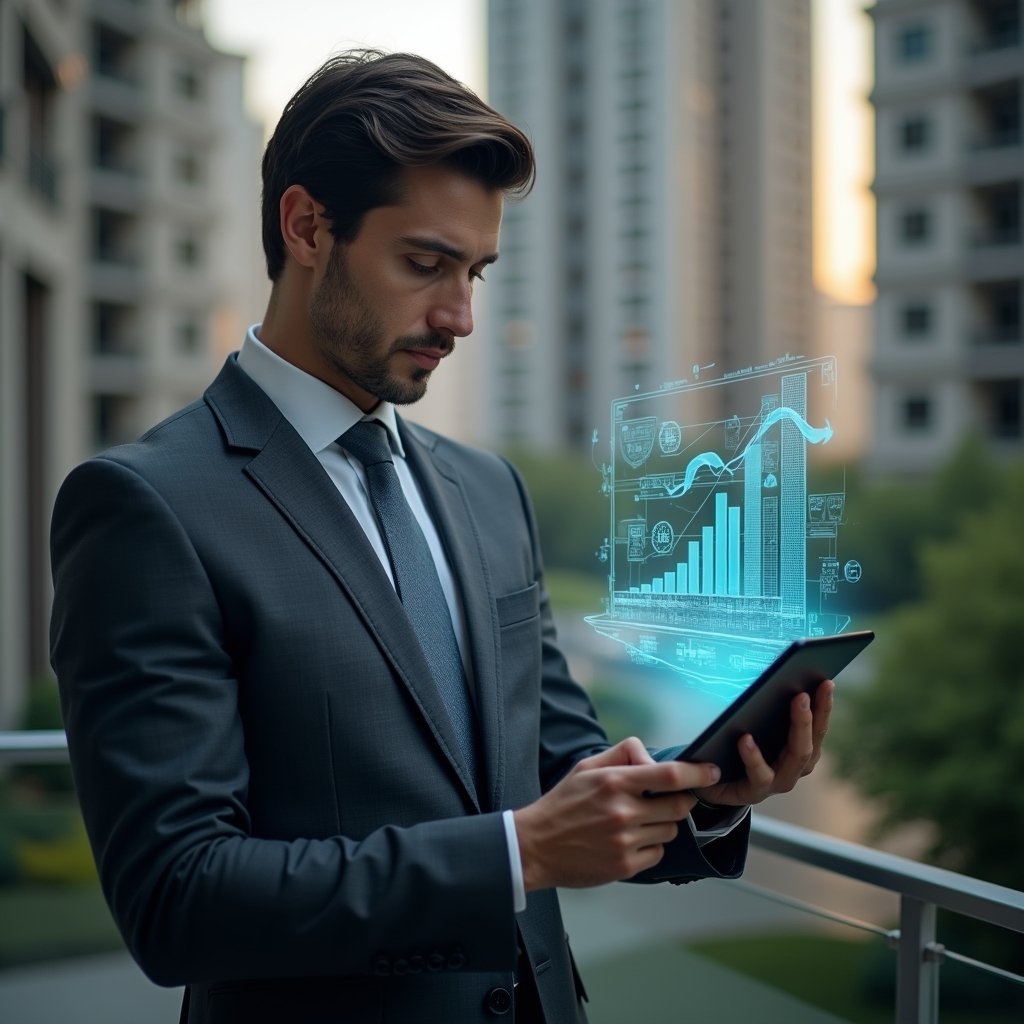 (Ultra-realistic condominium manager in a tailored dark gray suit, set in a modern luxury condominium environment with high-rise buildings and manicured gardens, mid-shot of the manager reviewing a holographic financial report projected above a sleek tablet, floating charts and ledger icons symbolizing accurate accounting, cinematic lighting, shallow depth of field, highly detailed textures, realistic skin, photographic realism, 8k resolution --ar 1:1 --v 6)