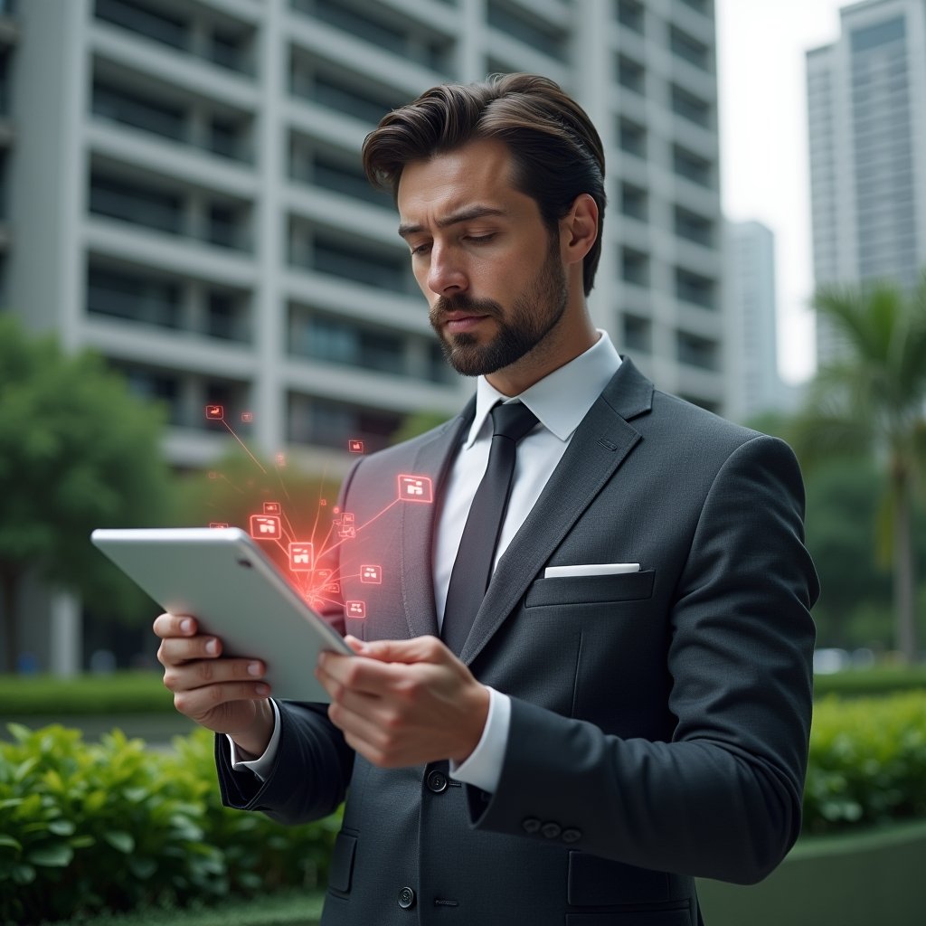 (Ultra-realistic condominium manager in a dark gray tailored suit, set in a modern luxury condominium environment with high-rise buildings and lush green landscaping, holding a transparent digital tablet displaying floating holographic app icons and red error symbols representing the “7 errors,” thoughtful and determined expression, cinematic lighting, shallow depth of field, highly detailed textures, realistic skin, photographic realism, 8k resolution --ar 1:1 --v 6)