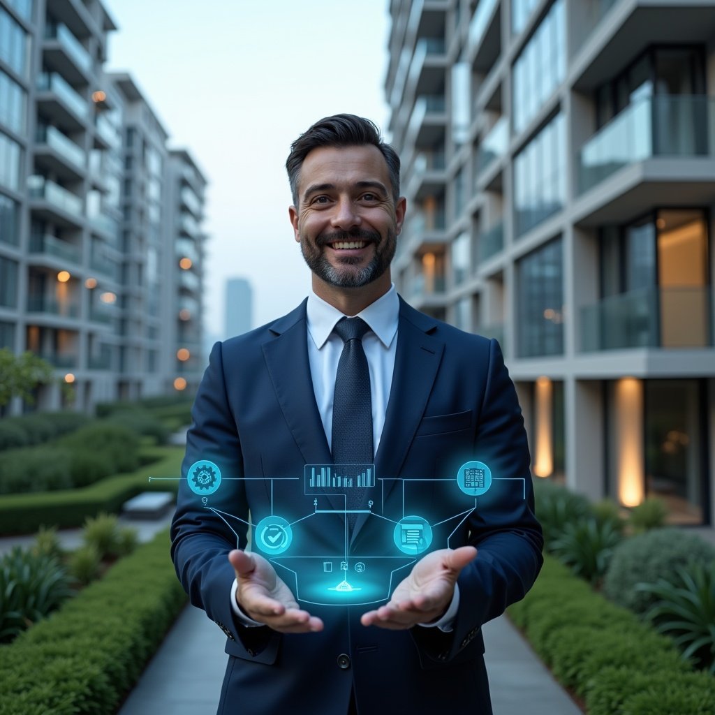 Ultra-realistic condominium manager in a navy blue suit, set in a modern luxury condominium environment with high-rise buildings and lush green landscaping, confidently interacting with a holographic interface displaying icons for finances, scheduling, maintenance and communication, futuristic holographic charts and symbols floating around, cinematic lighting, shallow depth of field, highly detailed textures, realistic skin, photographic realism, 8k resolution --ar 1:1 --v 6