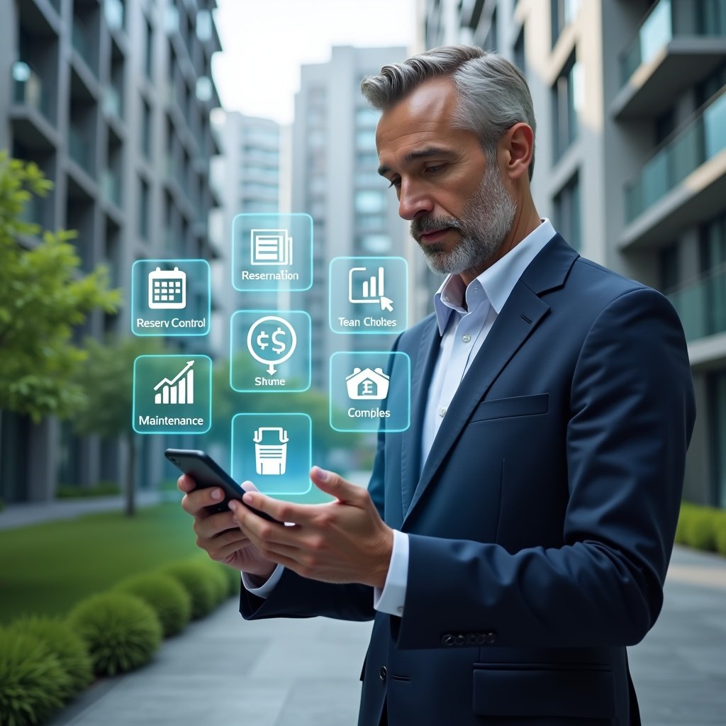 Ultra-realistic property manager in a navy suit, set in a modern luxury condominium environment with high-rise buildings and green landscaping, interacting with a holographic condominium management app interface floating in front of them, holographic icons showing access control, reservation calendar, financial graphs and maintenance tickets, confident expression, cinematic lighting, shallow depth of field, highly detailed textures, realistic skin, photographic realism, 8k resolution --ar 1:1 --v 6