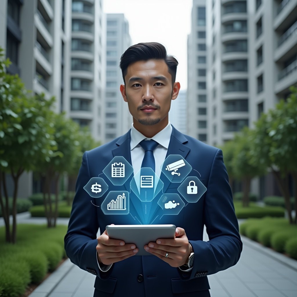Ultra-realistic condominium manager in a navy business suit, set in a modern luxury condominium environment with high-rise buildings and manicured greenery, holding a digital tablet displaying holographic icons of financial charts, security camera feeds, chat bubbles, calendar bookings, maintenance tools, access controls and automated alerts symbolizing the seven key management functions, confident and focused expression, cinematic lighting, shallow depth of field, highly detailed textures, realistic skin, photographic realism, 8k resolution --ar 1:1 --v 6