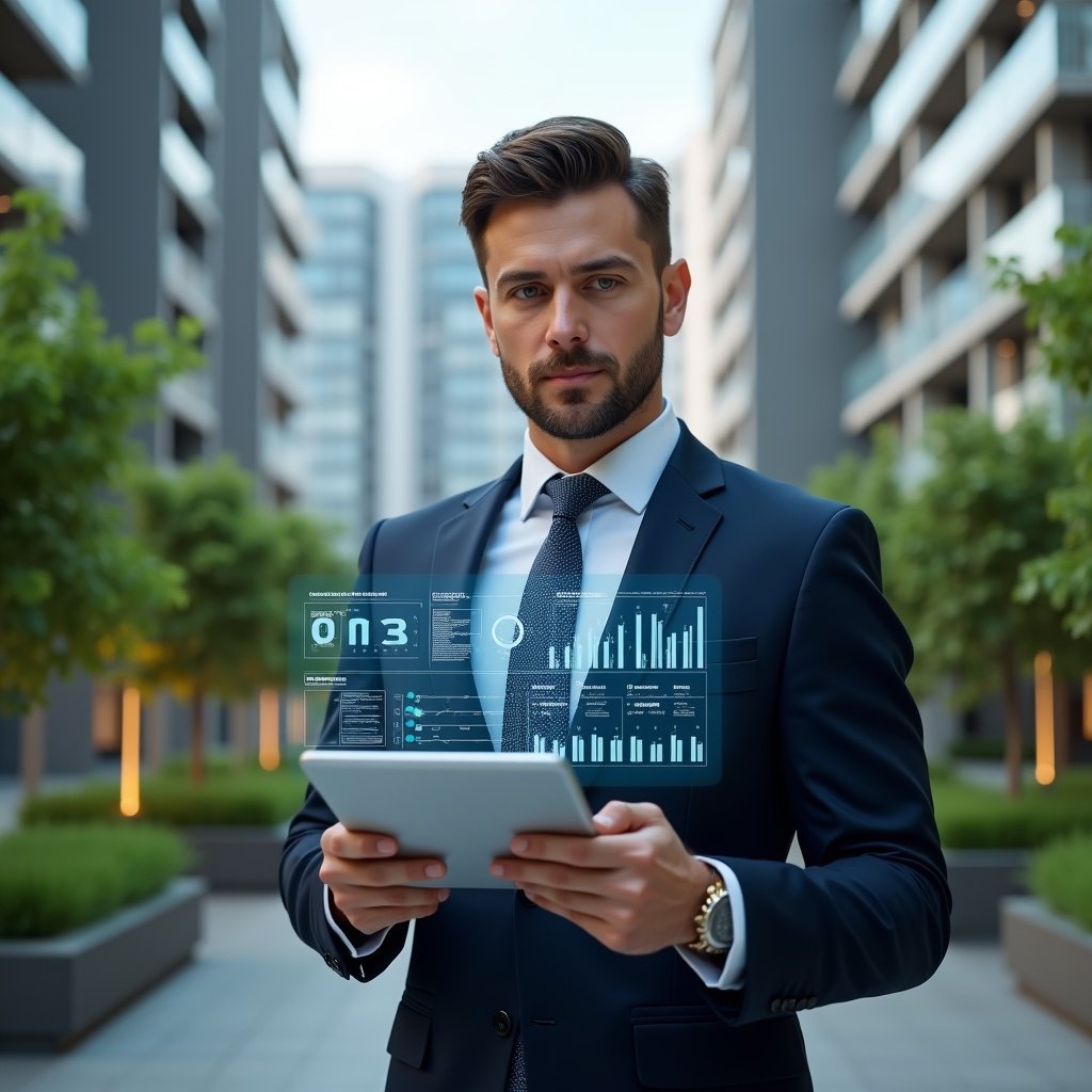 (Ultra-realistic condominium manager in a tailored navy suit, set in a modern luxury condominium environment with high-rise buildings and lush green landscaping, mid-shot close-up holding a transparent tablet displaying holographic financial reports and charts, symbolizing streamlined accounting and resident engagement, confident expression, cinematic lighting, shallow depth of field, highly detailed textures, realistic skin, photographic realism, 8k resolution --ar 1:1 --v 6)