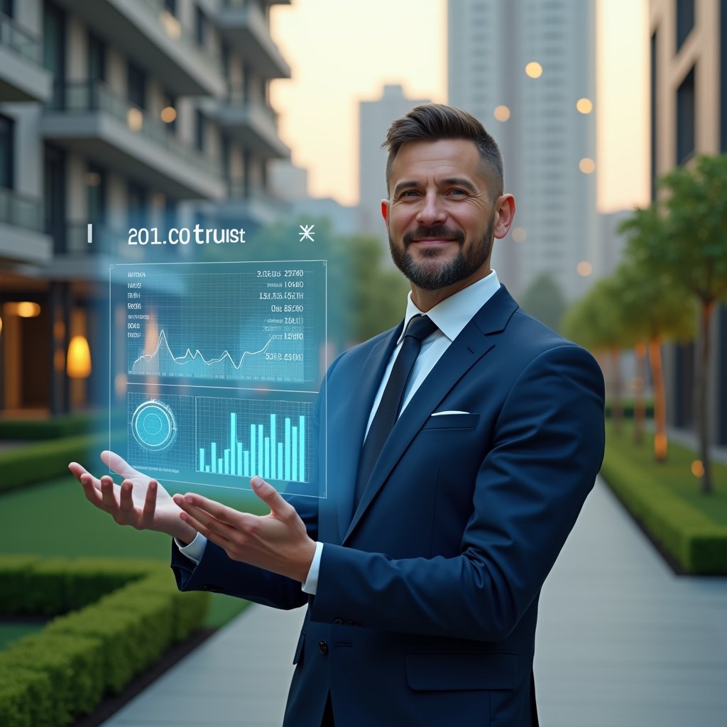 Ultra-realistic condominium manager in a navy blue tailored suit, set in a modern luxury condominium environment with high-rise buildings and manicured green gardens, holding a transparent holographic financial report displaying clear graphs and figures, projecting a sense of engagement and trust, cinematic lighting, shallow depth of field, highly detailed textures, realistic skin, photographic realism, 8k resolution --ar 1:1 --v 6