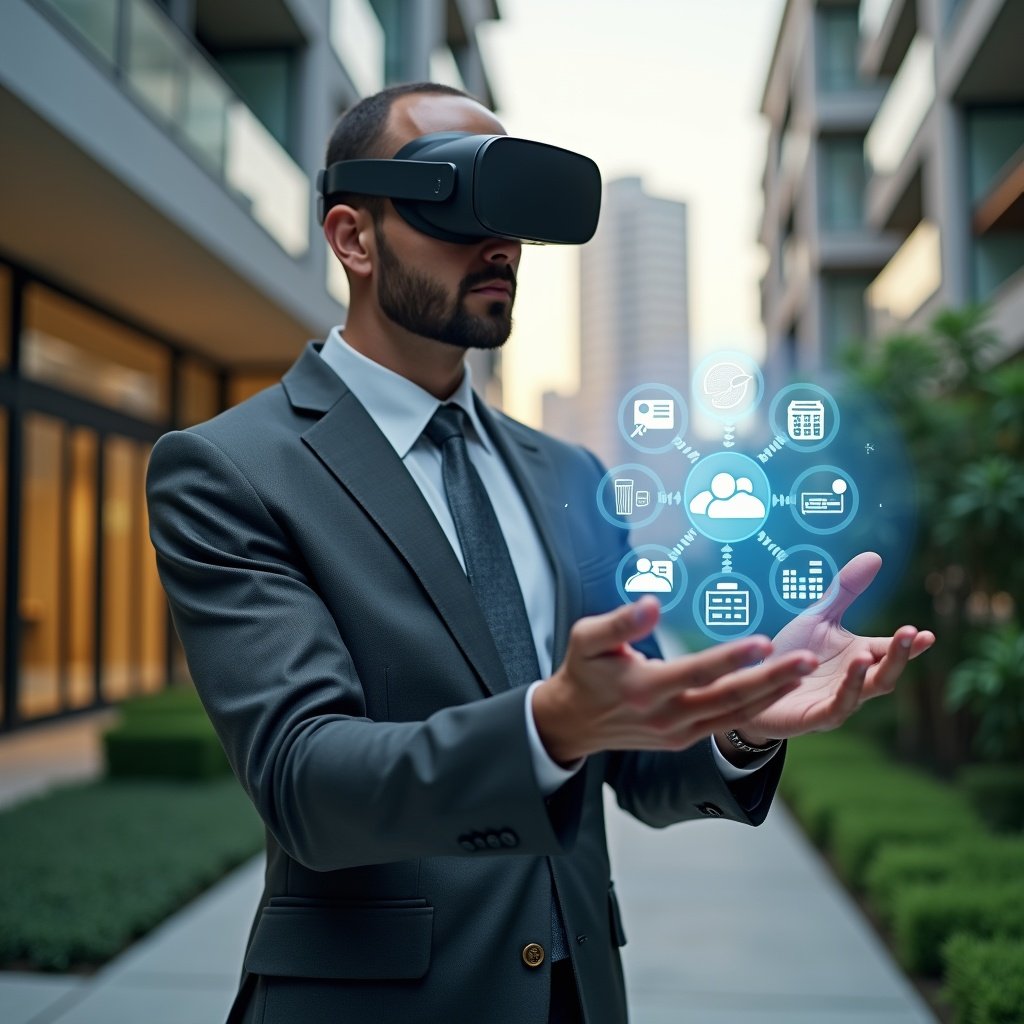 (Ultra-realistic condominium manager in a charcoal gray executive suit, set in a modern luxury condominium environment with high-rise buildings and manicured green gardens, interacting with a floating holographic interface displaying communication icons, financial charts and maintenance schedules, confident and focused expression, cinematic lighting, shallow depth of field, highly detailed textures, realistic skin, photographic realism, 8k resolution --ar 1:1 --v 6)
