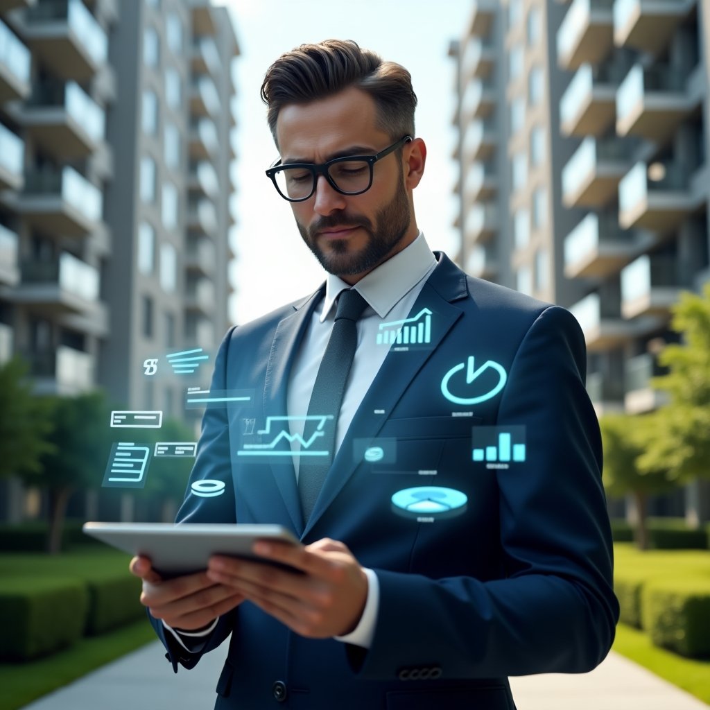 Ultra-realistic property manager in a navy executive suit, set in a modern luxury condominium environment with high-rise buildings and manicured green landscaping, confidently analyzing holographic financial charts and graphs projected from a sleek digital tablet, floating icons of receipts and pie charts swirling around, cinematic lighting, shallow depth of field, highly detailed textures, realistic skin, photographic realism, 8k resolution --ar 1:1 --v 6