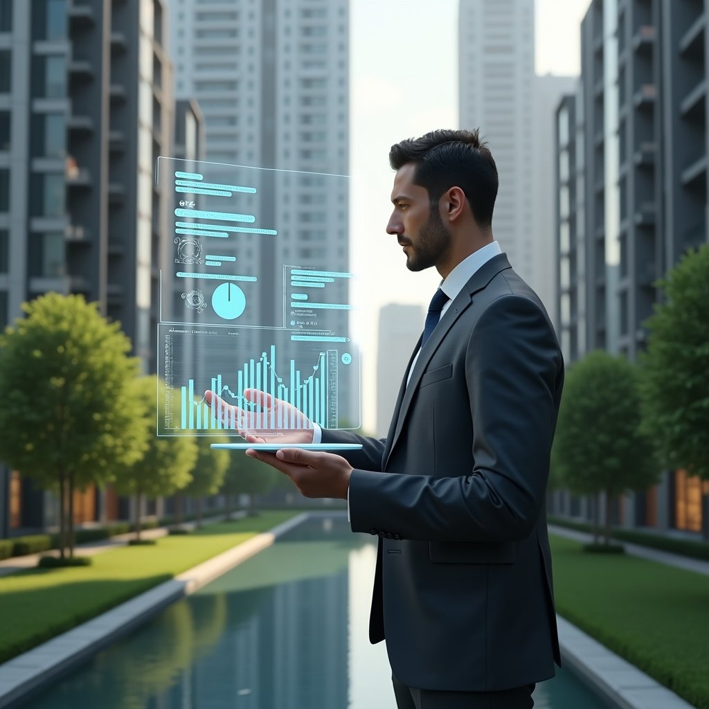 (Ultra-realistic condominium manager in a charcoal gray executive suit, set in a modern luxury condominium environment with high-rise buildings and immaculate green landscaping, examining a floating holographic interface displaying financial charts and chat message bubbles, conveying confidence and focus, cinematic lighting, shallow depth of field, highly detailed textures, realistic skin, photographic realism, 8k resolution --ar 1:1 --v 6)