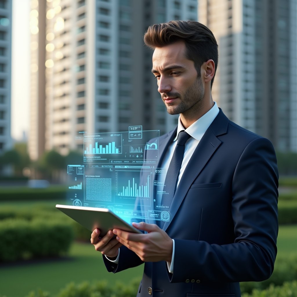 Ultra-realistic condominium manager in a navy suit, set in a modern luxury condominium environment with high-rise buildings and lush green landscaping, holding a tablet displaying transparent holographic charts and real-time data, looking confident and focused, floating icons of graphs and notifications around the device, cinematic lighting, shallow depth of field, highly detailed textures, realistic skin, photographic realism, 8k resolution --ar 1:1 --v 6