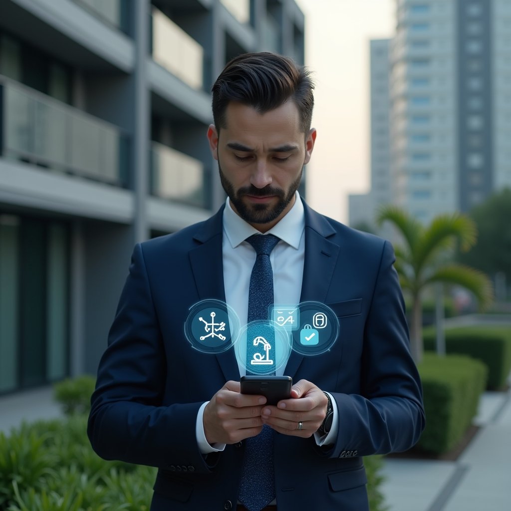 (Ultra-realistic condominium manager in a tailored dark blue suit, set in a modern luxury condominium environment with high-rise buildings and manicured green landscaping, medium close-up shot, holding a smartphone that projects holographic alarm icons representing maintenance, security and payment reminders, confidently analyzing smart notifications, cinematic lighting, shallow depth of field, highly detailed textures, realistic skin, photographic realism, 8k resolution --ar 1:1 --v 6)