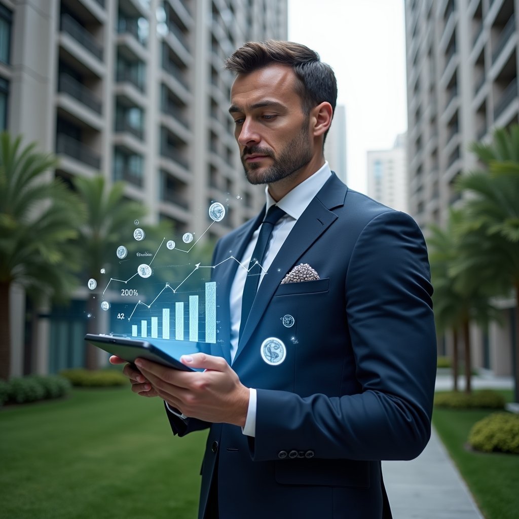 (Ultra-realistic condominium manager in a navy blue suit, set in a modern luxury condominium environment with high-rise buildings and manicured green landscaping, holding a tablet displaying a holographic budget chart, floating icons of coins and line graphs around, focused and confident expression, cinematic lighting, shallow depth of field, highly detailed textures, realistic skin, photographic realism, 8k resolution --ar 1:1 --v 6)