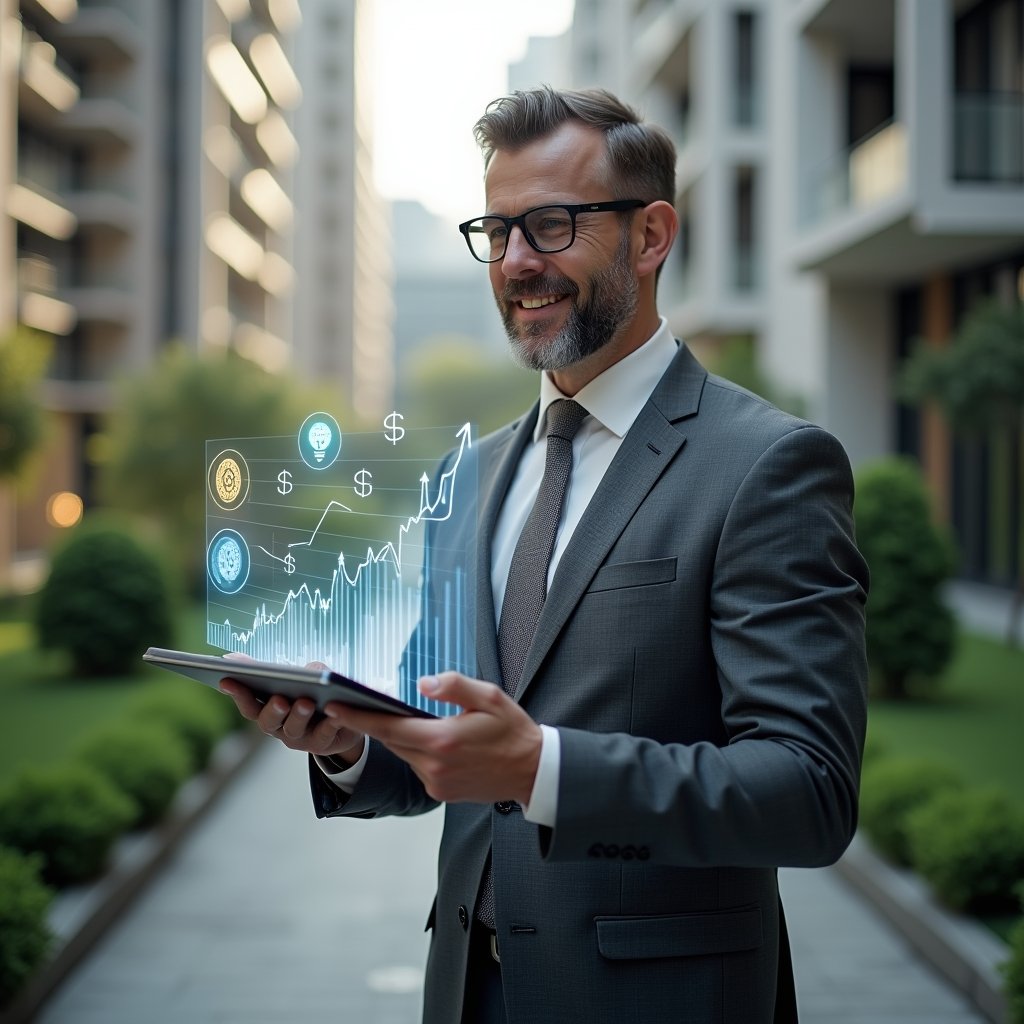 (Ultra-realistic condominium manager in a charcoal gray tailored suit, set in a modern luxury condominium environment with high-rise buildings and manicured green gardens, holding a digital tablet displaying downward-trending expense charts, with holographic icons of coins, light bulbs, and water droplets floating around, confidently analyzing cost-saving strategies, cinematic lighting, shallow depth of field, highly detailed textures, realistic skin, photographic realism, 8k resolution --ar 1:1 --v 6)
