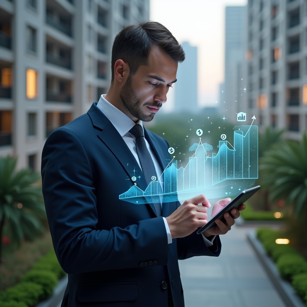Ultra-realistic condominium manager in a tailored navy suit, set in a modern luxury condominium environment with high-rise buildings and meticulously landscaped gardens, examining a holographic cost-reduction chart projected from a digital tablet, confident and focused expression, holographic icons of tools and downward-trending graphs floating beside them, cinematic lighting, shallow depth of field, highly detailed textures, realistic skin, photographic realism, 8k resolution --ar 1:1 --v 6