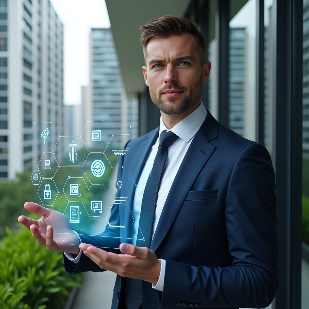 (Ultra-realistic condominium manager in a navy tailored suit, set in a modern luxury condominium environment with high-rise buildings and lush green landscaping, holding a floating holographic interface displaying icons for finance, messaging, scheduling, security, and documents, confidently analyzing data, cinematic lighting, shallow depth of field, highly detailed textures, realistic skin, photographic realism, 8k resolution --ar 1:1 --v 6)