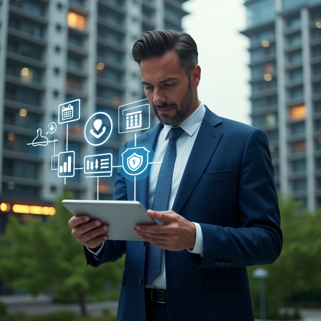 Ultra-realistic condominium manager in a navy executive suit, set in a modern luxury condominium environment with high-rise buildings and meticulously landscaped greenery, holding a transparent tablet projecting holographic icons of calendar booking, chat bubbles, financial graphs and security shields, confidently analyzing the interface, cinematic lighting, shallow depth of field, highly detailed textures, realistic skin, photographic realism, 8k resolution --ar 1:1 --v 6
