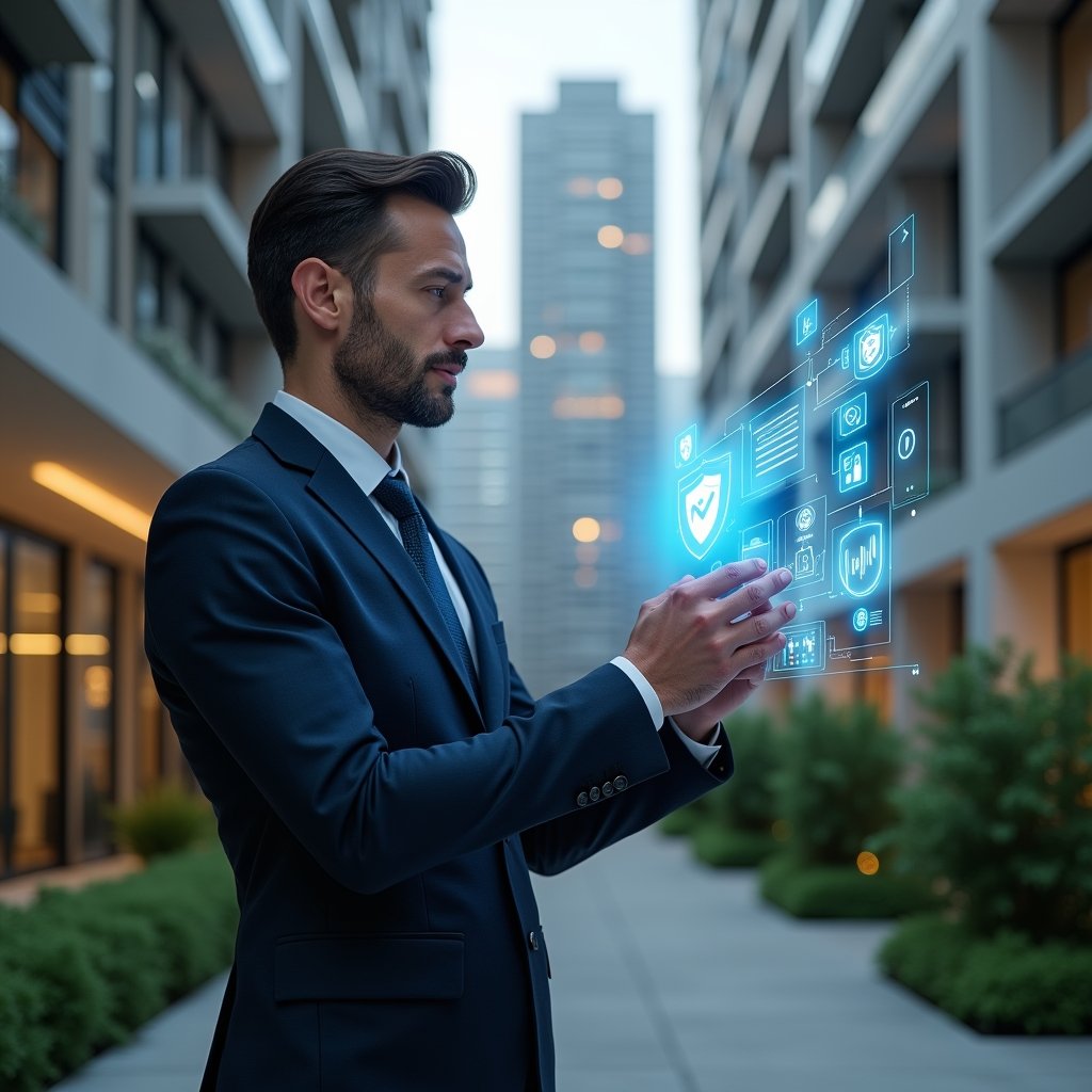 (Ultra-realistic condominium manager in a tailored navy suit, set in a modern luxury condominium environment with high-rise buildings and manicured green landscaping, analyzing a floating holographic interface displaying chat bubbles, financial charts and security shield icons, confident and focused expression, cinematic lighting, shallow depth of field, highly detailed textures, realistic skin, photographic realism, 8k resolution --ar 1:1 --v 6)