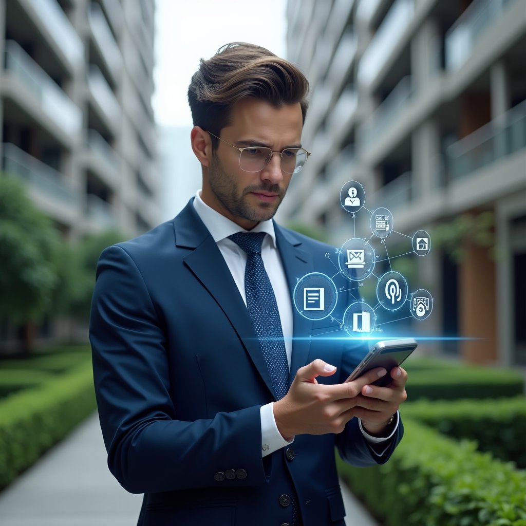 Ultra-realistic condominium manager in a navy blue tailored suit, set in a modern luxury condominium environment with high-rise buildings and manicured green landscaping, confidently interacting with a floating holographic smartphone interface displaying icons for reserve booking, access control, financial reports and maintenance requests, cinematic lighting, shallow depth of field, highly detailed textures, realistic skin, photographic realism, 8k resolution --ar 1:1 --v 6