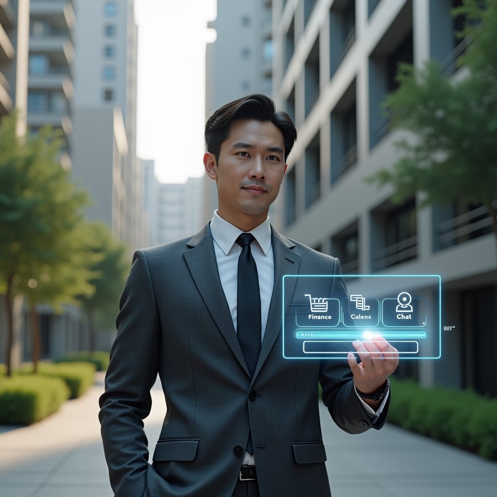 (Ultra-realistic condominium manager in a charcoal gray executive suit, set in a modern luxury condominium environment with high-rise buildings and manicured green landscaping, interacting with a floating holographic interface displaying icons for finance, calendar, and chat, confident expression as they tap a virtual “task completed” button, cinematic lighting, shallow depth of field, highly detailed textures, realistic skin, photographic realism, 8k resolution --ar 1:1 --v 6)