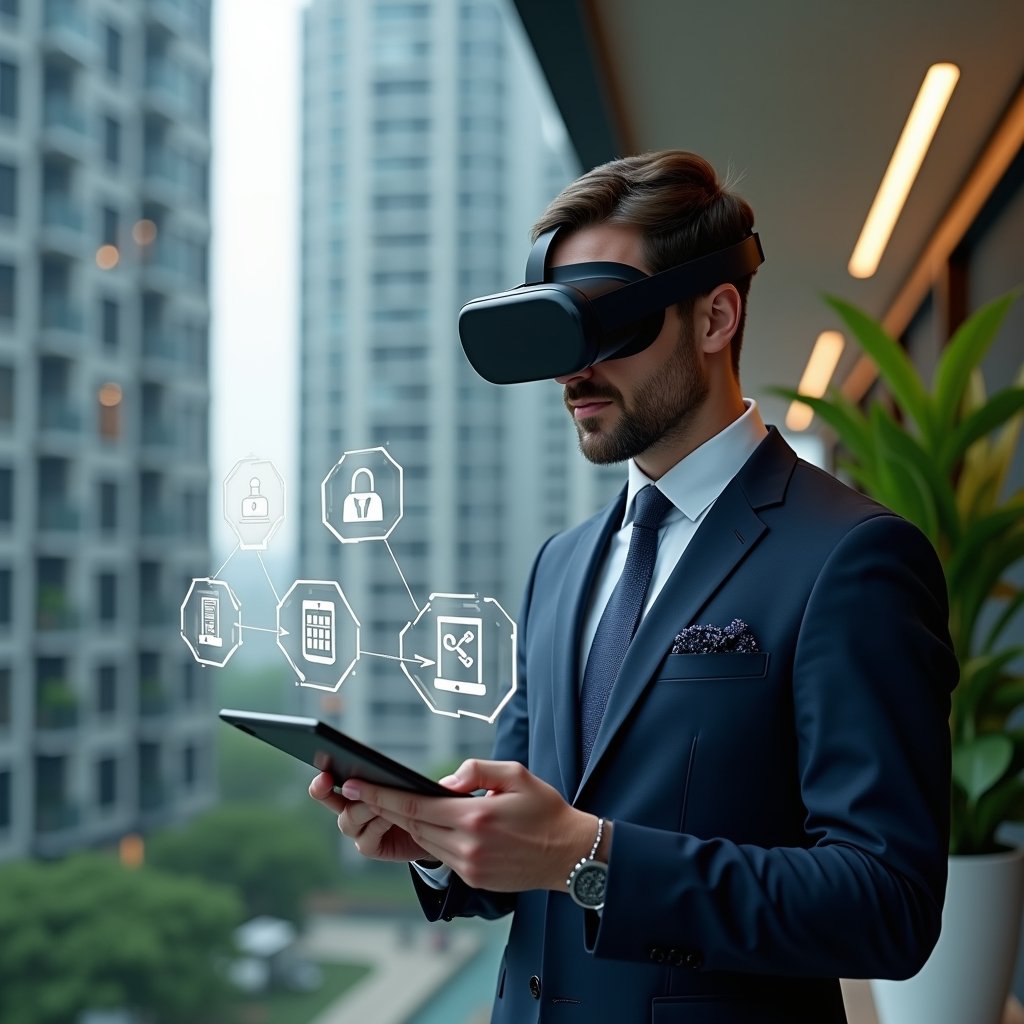 (Ultra-realistic condominium manager in a navy tailored suit, set in a modern luxury condominium environment with high-rise buildings and lush green landscaping, holding a tablet and thoughtfully interacting with floating holographic icons representing security access, billing, booking and communication modules, cinematic lighting, shallow depth of field, highly detailed textures, realistic skin, photographic realism, 8k resolution --ar 1:1 --v 6)