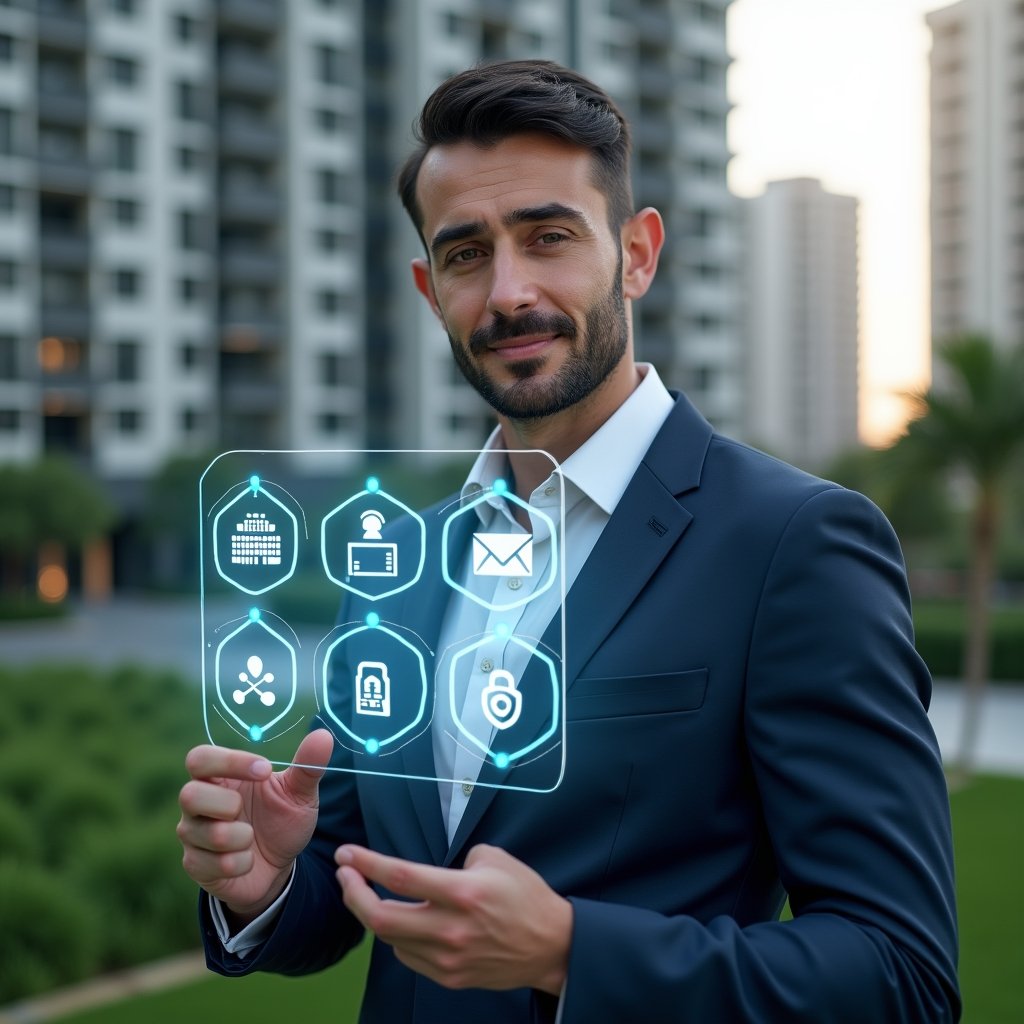 (Ultra-realistic property manager in a navy blue suit, set in a modern luxury condominium environment with high-rise buildings and lush green landscaping, interacting with a floating holographic aplicativo de gestão interface displaying icons for finance, messaging and security, confident and focused expression, cinematic lighting, shallow depth of field, highly detailed textures, realistic skin, photographic realism, 8k resolution --ar 1:1 --v 6)