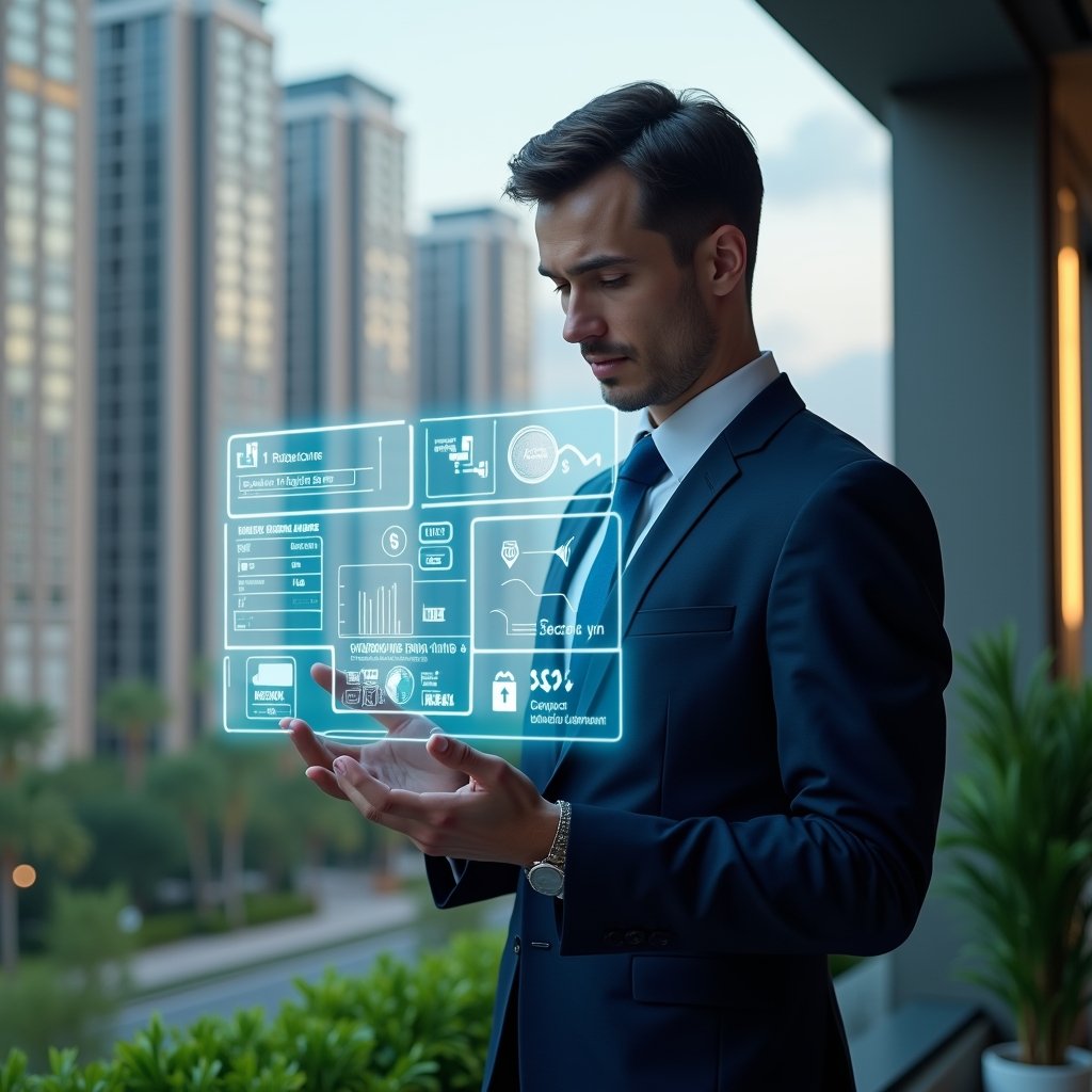 Ultra-realistic condominium manager in a dark blue executive suit, set in a modern luxury condominium environment with high-rise buildings and lush green landscaping, mid-shot looking confidently at a floating holographic dashboard displaying icons for financial charts, calendar bookings, chat bubbles and security camera feeds, cinematic lighting, shallow depth of field, highly detailed textures, realistic skin, photographic realism, 8k resolution --ar 1:1 --v 6