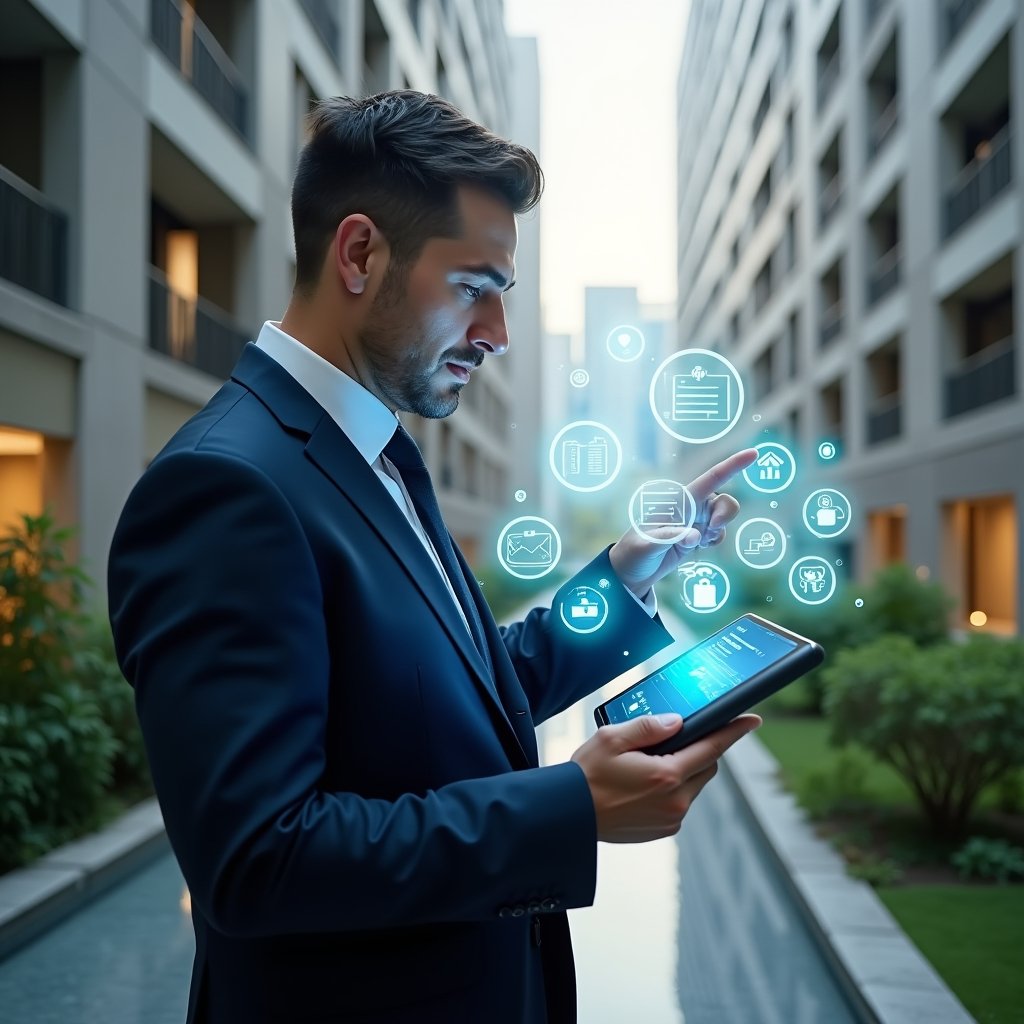 Ultra-realistic condominium manager in a navy suit, set in a modern luxury condominium environment with high-rise buildings and green landscaping, holding a tablet displaying floating holographic icons representing financial reports, calendar scheduling, chat messages, and visitor access, pointing with confidence to the holograms, cinematic lighting, shallow depth of field, highly detailed textures, realistic skin, photographic realism, 8k resolution --ar 1:1 --v 6