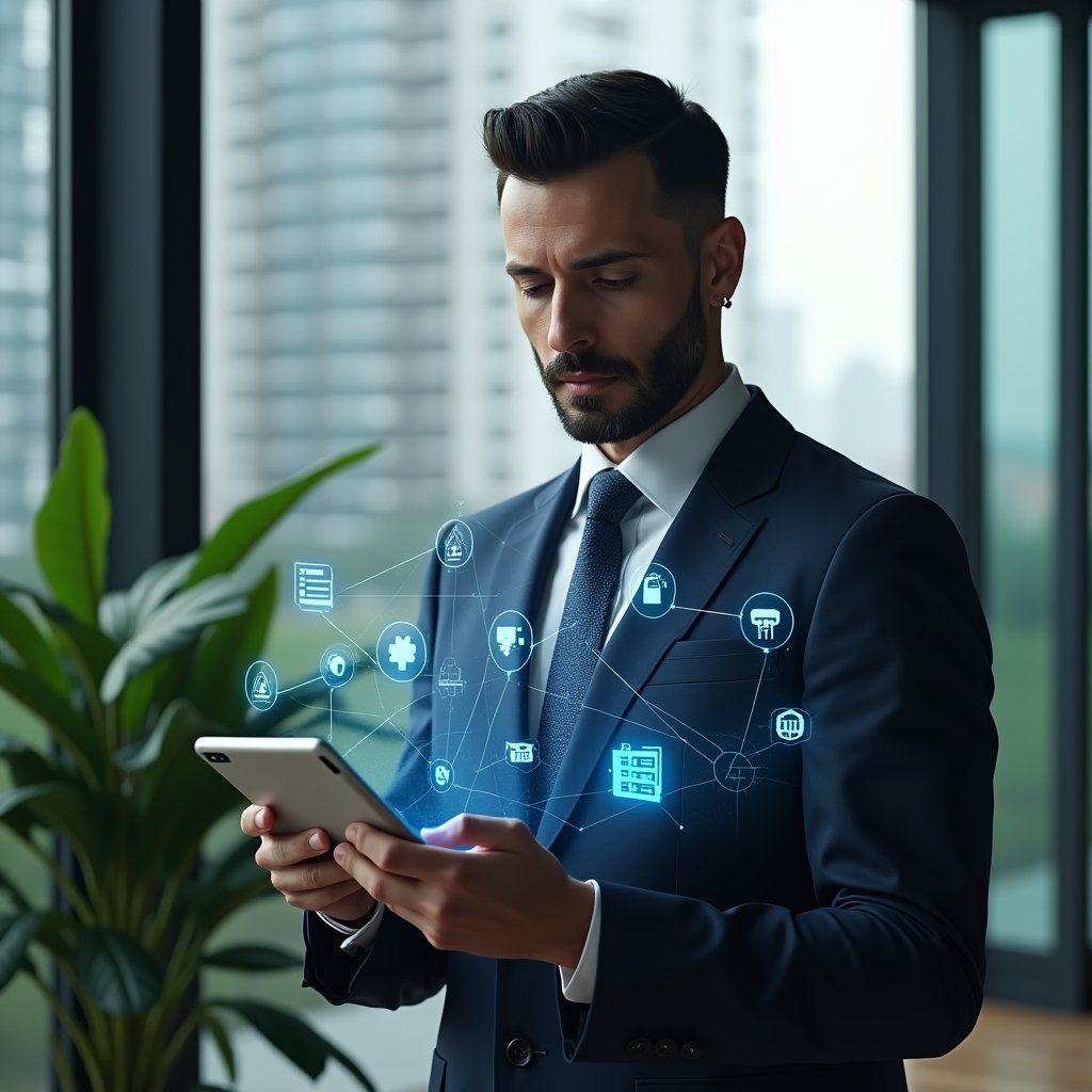 Ultra-realistic condominium manager in a dark blue executive suit, set in a modern luxury condominium environment with high-rise buildings and meticulously landscaped green areas, holding a transparent tablet displaying floating holographic icons of finance charts, calendar bookings, chat bubbles, security cameras and maintenance tools, confidently analyzing the interface, cinematic lighting, shallow depth of field, highly detailed textures, realistic skin, photographic realism, 8k resolution --ar 1:1 --v 6
