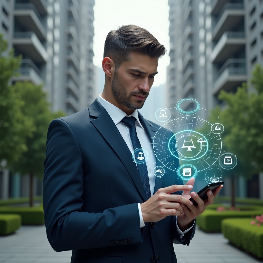 Ultra-realistic condominium manager in a tailored navy suit, set in a modern luxury condominium environment with high-rise buildings and manicured green landscaping, interacting with a floating holographic interface displaying icons for security access, billing, reservations and chat, confident expression analyzing data, cinematic lighting, shallow depth of field, highly detailed textures, realistic skin, photographic realism, 8k resolution --ar 1:1 --v 6