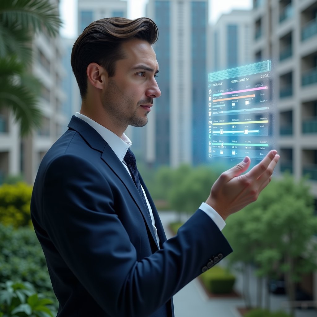 Ultra-realistic condominium manager in a dark blue suit, set in a modern luxury condominium environment with high-rise buildings and lush green landscaping, interacting with a floating holographic schedule interface showing maintenance icons, calendar notifications and checkmarks, confident and focused expression, cinematic lighting, shallow depth of field, highly detailed textures, realistic skin, photographic realism, 8k resolution --ar 1:1 --v 6