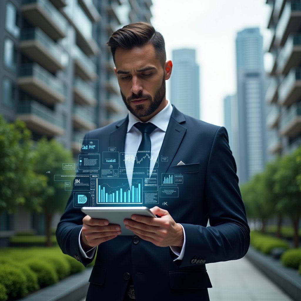 (Ultra-realistic condominium manager in a dark navy suit, set in a modern luxury condominium environment with high-rise buildings and manicured green landscaping, mid-shot of a confident professional reviewing floating holographic financial charts and detailed digital reports on a transparent tablet, futuristic hologram icons of graphs and balance sheets surrounding them, cinematic lighting, shallow depth of field, highly detailed textures, realistic skin, photographic realism, 8k resolution --ar 1:1 --v 6)