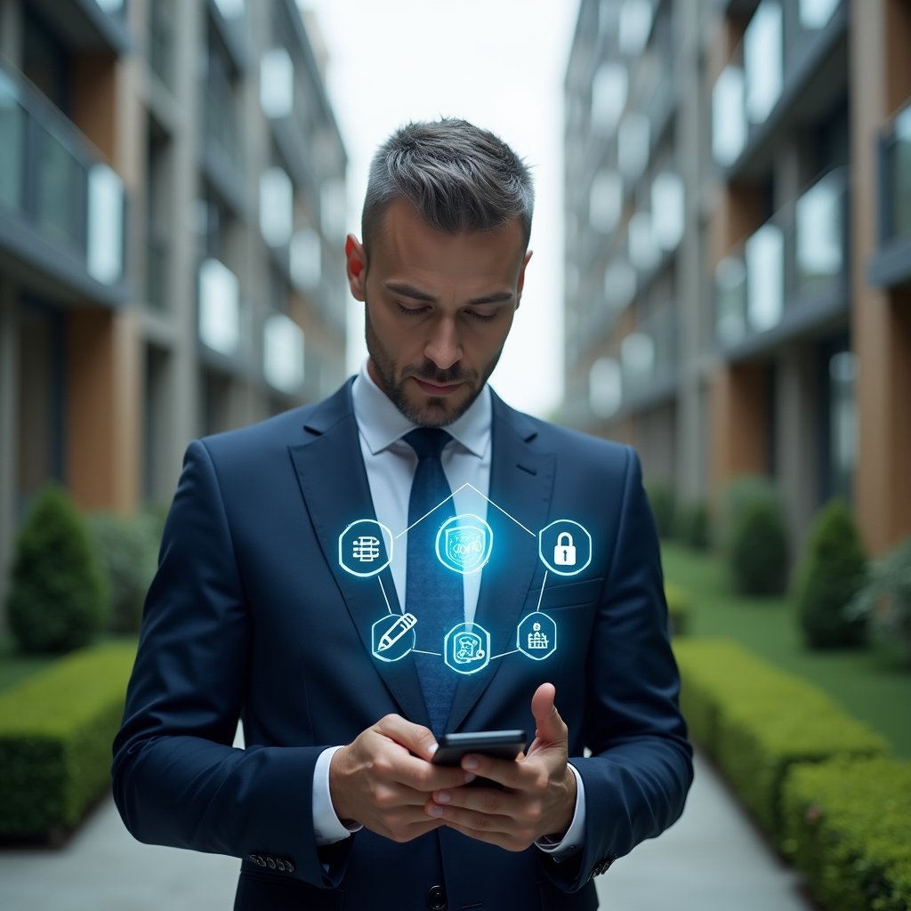 (Ultra-realistic condominium manager in a navy blue suit, set in a modern luxury condominium environment with high-rise buildings and manicured green landscaping, holding a smartphone with holographic interface icons for communication, reservations and security floating above the device, confident and focused expression, cinematic lighting, shallow depth of field, highly detailed textures, realistic skin, photographic realism, 8k resolution --ar 1:1 --v 6)