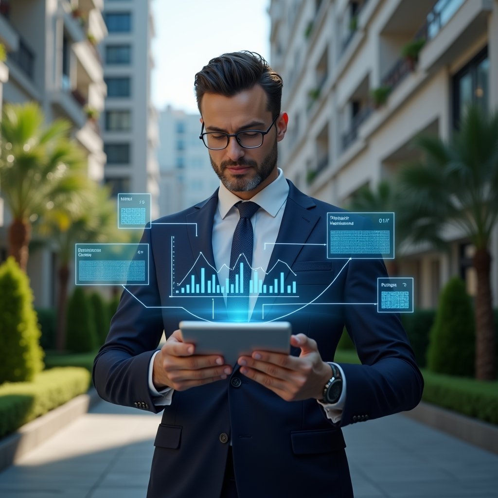 (Ultra-realistic condominium manager in a tailored navy suit, set in a modern luxury condominium environment with high-rise buildings and manicured green landscaping, holding a digital tablet while interacting with holographic financial graphs, reservation calendar icons, and chat bubble symbols floating around, confident and focused expression, cinematic lighting, shallow depth of field, highly detailed textures, realistic skin, photographic realism, 8k resolution --ar 1:1 --v 6)