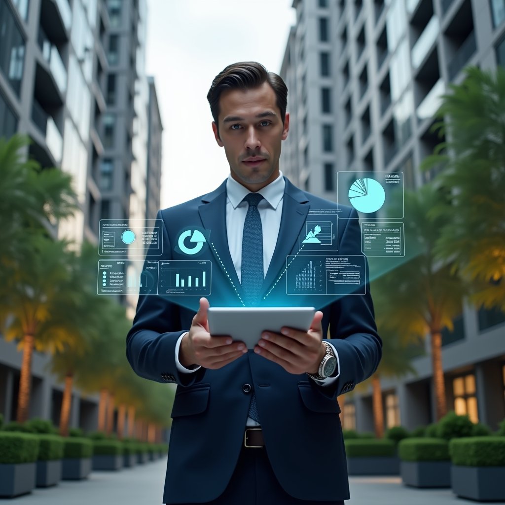 (Ultra-realistic condominium manager in a navy suit, set in a modern luxury condominium environment with high-rise buildings and well-tended green landscaping, analyzing holographic financial reports projected in mid-air with pie charts and spreadsheets, holding a sleek tablet displaying digital receipts, confident expression, cinematic lighting, shallow depth of field, highly detailed textures, realistic skin, photographic realism, 8k resolution --ar 1:1 --v 6)