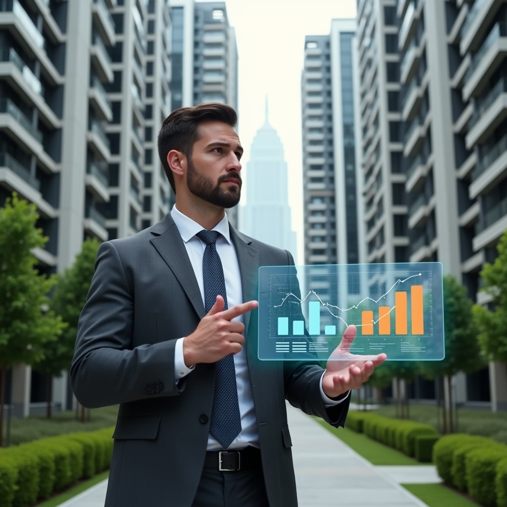 Ultra-realistic condo manager in a charcoal gray suit, set in a modern luxury condominium environment with high-rise buildings and manicured green landscaping, mid shot of the professional holding a floating holographic financial report with colorful charts and graphs, confidently pointing at the data, cinematic lighting, shallow depth of field, highly detailed textures, realistic skin, photographic realism, 8k resolution --ar 1:1 --v 6