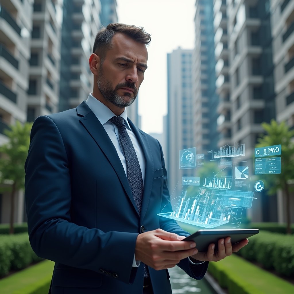 Ultra-realistic condominium manager in a navy-blue tailored suit, set in a modern luxury condominium environment with high-rise buildings and manicured green landscaping, standing in a medium shot analyzing holographic financial charts, hovering bar graphs and pie charts representing key performance metrics, focused and confident expression, cinematic lighting, shallow depth of field, highly detailed textures, realistic skin, photographic realism, 8k resolution --ar 1:1 --v 6