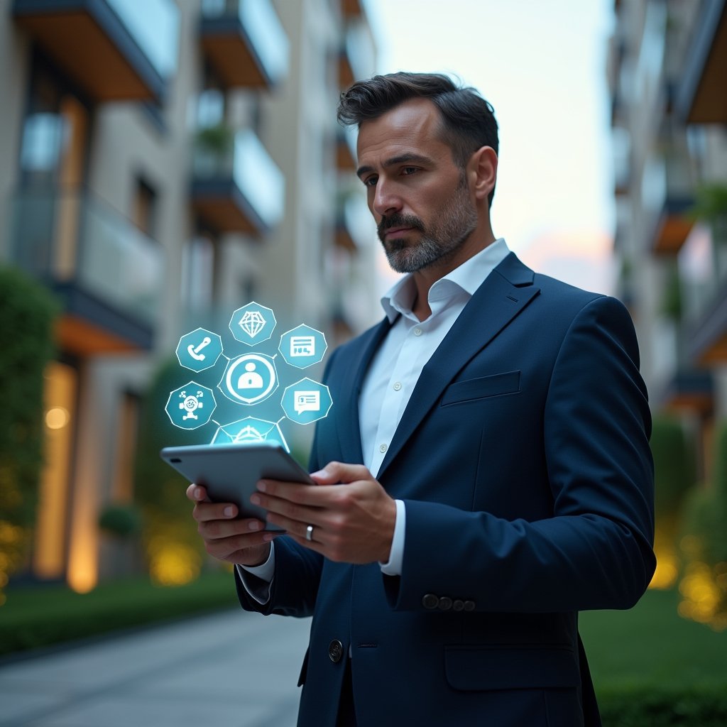 Ultra-realistic condominium manager in a tailored navy suit, set in a modern luxury condominium environment with high-rise buildings and manicured green landscaping, holding a tablet displaying holographic icons for automation, analytics, and messaging, confident and focused expression, cinematic lighting, shallow depth of field, highly detailed textures, realistic skin, photographic realism, 8k resolution --ar 1:1 --v 6