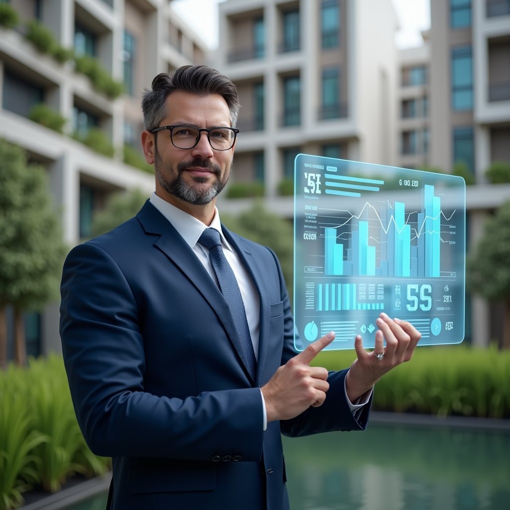 Ultra-realistic condominium manager in a navy suit, set in a modern luxury condominium environment with high-rise buildings and green landscaping, holding a transparent holographic financial report and pointing at detailed charts, floating 3D graphs and icons symbolizing clear accounting, confident and professional expression, cinematic lighting, shallow depth of field, highly detailed textures, realistic skin, photographic realism, 8k resolution --ar 1:1 --v 6