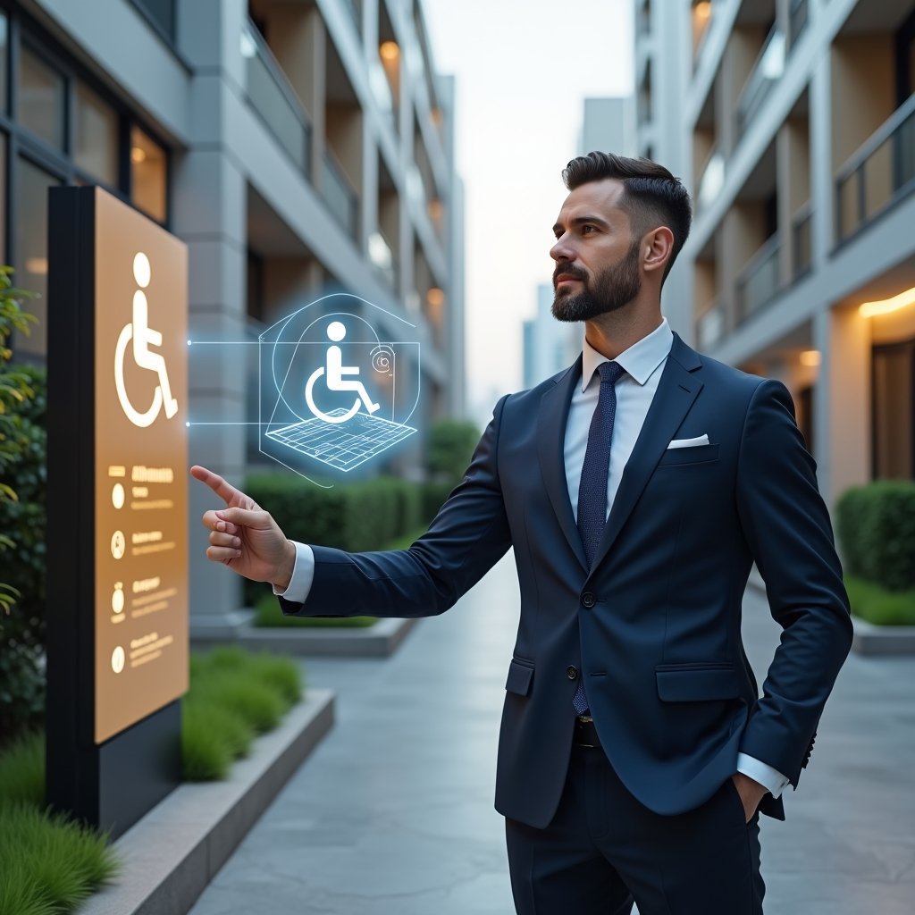 Ultra-realistic building manager in a navy suit, set in a modern luxury condominium environment with high-rise buildings and manicured green landscaping, standing beside a tactile signage panel and pointing at a holographic ramp blueprint, floating accessibility icons (wheelchair symbol, tactile floor indicator) around him, confident and welcoming expression, cinematic lighting, shallow depth of field, highly detailed textures, realistic skin, photographic realism, 8k resolution --ar 1:1 --v 6