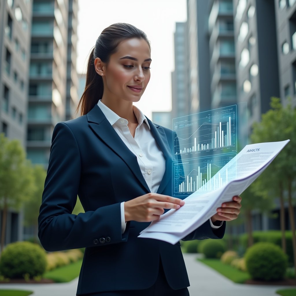 (Ultra-realistic property manager in a navy business suit, set in a modern luxury condominium environment with high-rise buildings and manicured greenery, holding a holographic financial report with charts and graphs, analyzing documents with a confident, focused expression, cinematic lighting, shallow depth of field, highly detailed textures, realistic skin, photographic realism, 8k resolution --ar 1:1 --v 6)