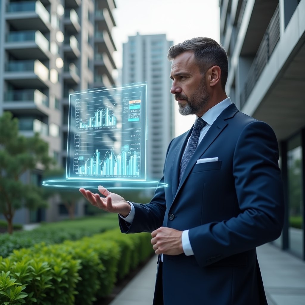 Ultra-realistic condominium manager in a navy blue executive suit, set in a modern luxury condominium environment with high-rise buildings and lush green landscaping, examining a floating holographic financial chart displaying cost-reduction graphs, with budget icons and graphs projected beside them, confident and thoughtful expression, cinematic lighting, shallow depth of field, highly detailed textures, realistic skin, photographic realism, 8k resolution --ar 1:1 --v 6